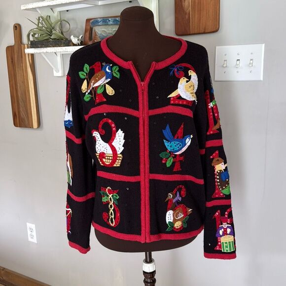 Heirloom Collectibles 12 days of Christmas zip up cardigan size large petite nov - Picture 1 of 9